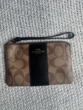 Coach Brown Signature Canvas Wristlet with Black Leather Accent